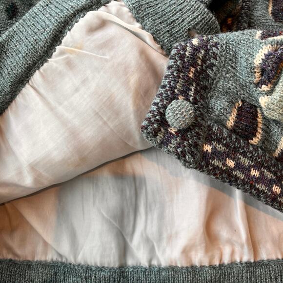 Bebhinn Marten Irish Wool Cardigan Sweater Green Blue Diamond Knit Made Ireland - Picture 10 of 13